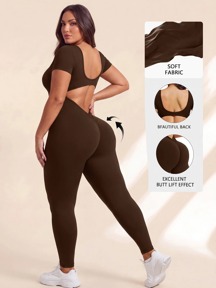 SHEIN Rhythm Era Women's Plus Size Solid Color Backless Fitted Sports Jumpsuit Gym Brown Summer Tropical Cow Girl - Brown - View 1