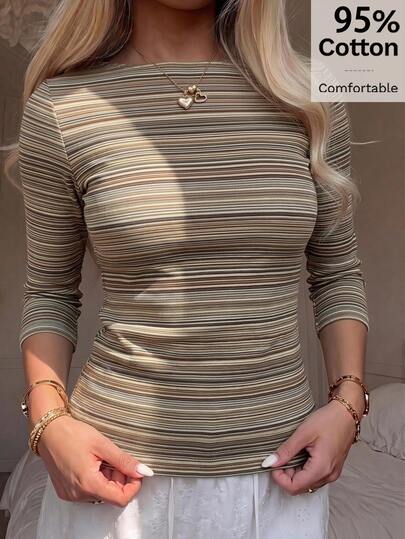 CovetEZ Camiseta de mujer de 95% algodón, corte slim casual de 7 mangas, adecuada para primavera/verano, atuendo de primavera/verano, rayas amarillo crema que te hacen lucir talla grande clara, top de verano, adecuada para el desplazamiento diario, citas, reuniones, otoño/invierno/primavera/verano, Navidad, Año Nuevo, Acción de Gracias, fiestas, bodas, playa, ceremonia de graduación, moda, rayas vintage