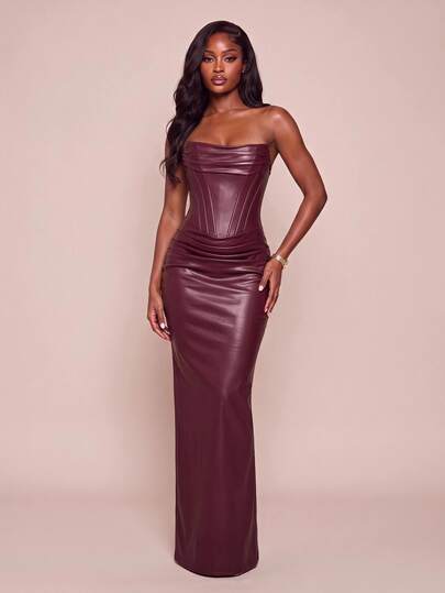 Lumalex Women's Burgundy Elegant PU Bodycon Sexy Long Dress Dress,Autumn Pleated Fitted Party Dress,Night Out Formal Dresses,Date Night,New Year's Eve