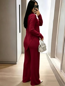 INAWLY Solva طقم نسائي من قطعتين بلون موحد، ملابس علوية بأكمام طويلة وبنطلون، كاجوال للاستخدام اليومي - عنابي اللون - مشاهدة 3