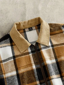 HIMLAND Men's Casual Vintage Woven Corduroy Lapel Jacket, Streetwear, Suede Air Layer Jacket, Utility Cargo Jacket, Thanksgiving Autumn Red Tartan - Brown - View 4