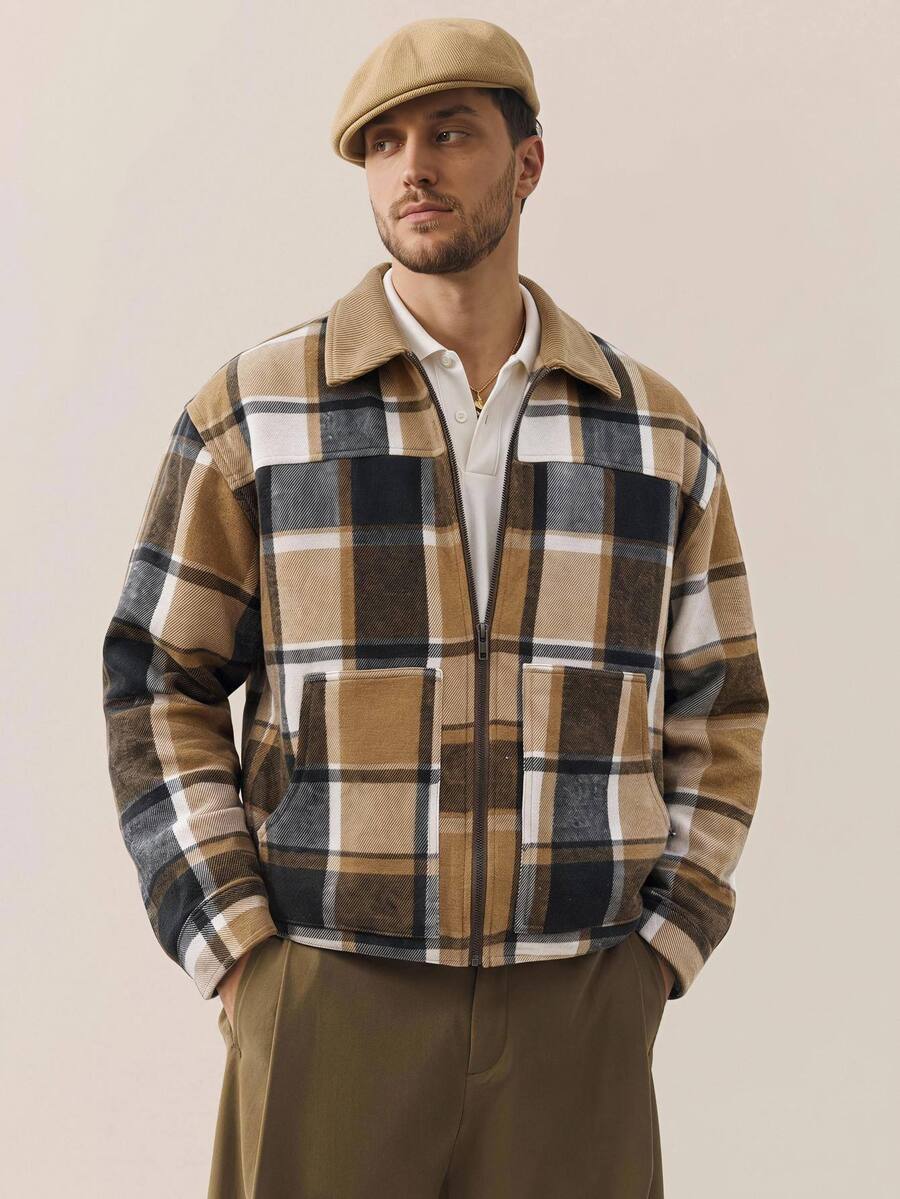 HIMLAND Men's Casual Vintage Woven Corduroy Lapel Jacket, Streetwear, Suede Air Layer Jacket, Utility Cargo Jacket, Thanksgiving Autumn Red Tartan - Brown - View 1