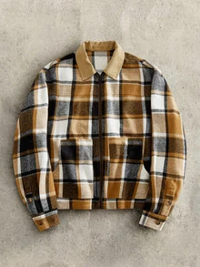 HIMLAND Men's Casual Vintage Woven Corduroy Lapel Jacket, Streetwear, Suede Air Layer Jacket, Utility Cargo Jacket, Thanksgiving Autumn Red Tartan - Brown - View 8