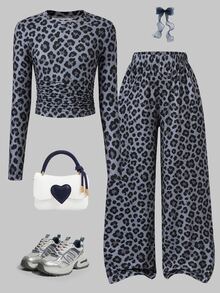 SHEIN Setelan 2 Potong Motif Leopard untuk Anak Perempuan Remaja, Gaya Kasual, Pakaian Musim Semi/Gugur. Atasan Lengan Panjang Berkerut Dipadukan dengan Celana Panjang Lebar Pinggang Elastis, Motif Digital Leopard Penuh, Kain Elastis Lembut dan Pas di Badan, Pas dan Menawan untuk Pemakaian Sehari-hari dan Jalan-jalan. - MultiWarna - View 3