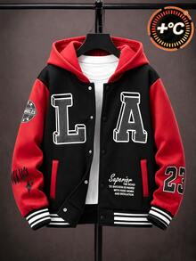SHEIN 男童秋季保暖內裡長袖連帽夾克，黑灰拼色連帽抓絨棒球夾克，LA字母印花搭配多款美式標語印花，寬鬆落肩版型，幼兒上學與旅行復古風兒童夾克，校園夾克，戶外夾克 - 紅色 - 查看 3