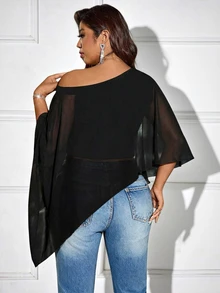 Femmeverse Plus Size Women's Fashion Solid Color Asymmetric Shoulder Blouse - Black - View 2