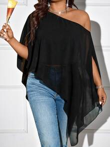Femmeverse Plus Size Women's Fashion Solid Color Asymmetric Shoulder Blouse - Black - View 6