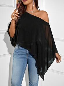 Femmeverse Plus Size Women's Fashion Solid Color Asymmetric Shoulder Blouse - Black - View 5