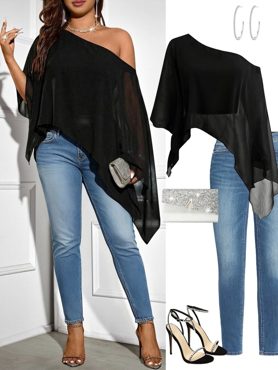 Femmeverse Plus Size Women's Fashion Solid Color Asymmetric Shoulder Blouse - Black - View 1