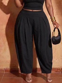 Veslaya 2026 Spring/Summer Women's Plus Size Tummy Control Breathable Lightweight Premium Elegant Romantic Pure Cotton Washed Black Jogger Pants Office Formal - Black - View 4