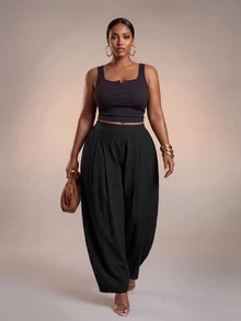 Veslaya 2026 Spring/Summer Women's Plus Size Tummy Control Breathable Lightweight Premium Elegant Romantic Pure Cotton Washed Black Jogger Pants Office Formal - Black - View 2