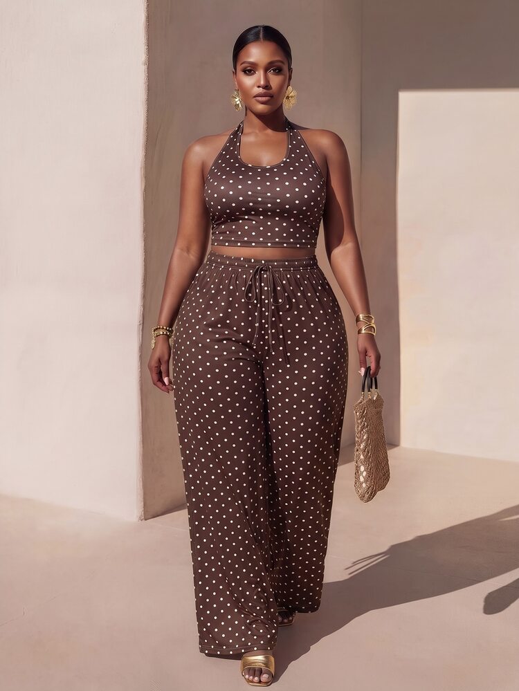 Veslaya New Summer/Autumn Plus Size Women's Halter Neck Tie Top&Loose Straight Leg Trousers Set/Elegant/Party/Vacation/Festival/Holiday/Brown Polka Dots - Multicolor - View 2