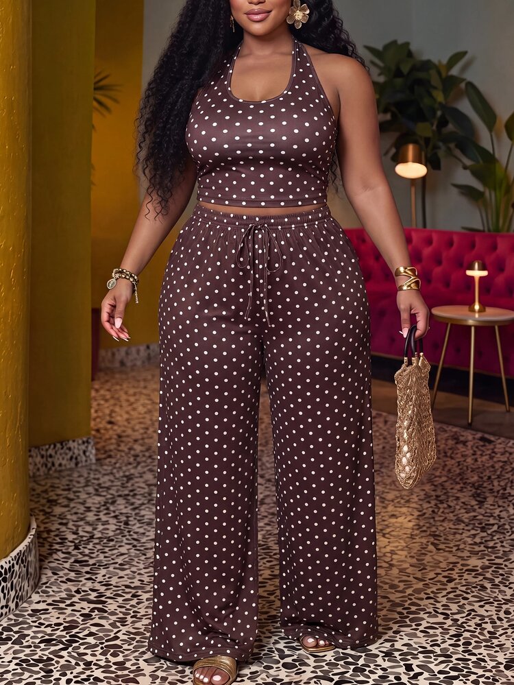 Veslaya New Summer/Autumn Plus Size Women's Halter Neck Tie Top&Loose Straight Leg Trousers Set/Elegant/Party/Vacation/Festival/Holiday/Brown Polka Dots - Multicolor - View 3
