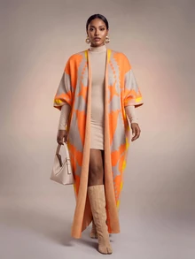 Veslaya Spring/Summer Women's Plus Size New Bold, Classy Feminine Style Tummy Control Fit Breathable Elegant Romantic Classic Orange & Green Colorblock Print Long Knit Cardigan - Multicolor - View 2