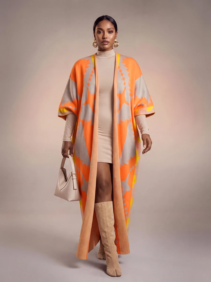 Veslaya Spring/Summer Women's Plus Size New Bold, Classy Feminine Style Tummy Control Fit Breathable Elegant Romantic Classic Orange & Green Colorblock Print Long Knit Cardigan
