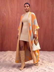 Veslaya Spring/Summer Women's Plus Size New Bold, Classy Feminine Style Tummy Control Fit Breathable Elegant Romantic Classic Orange & Green Colorblock Print Long Knit Cardigan - Multicolor - View 4