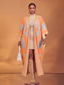 Veslaya Spring/Summer Women's Plus Size New Bold, Classy Feminine Style Tummy Control Fit Breathable Elegant Romantic Classic Orange & Green Colorblock Print Long Knit Cardigan - Multicolor - View 9