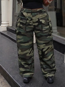 Slaydiva Plus Size Women's Camouflage Casual Versatile Everyday Travel Long Pants Fall - Green - View 8