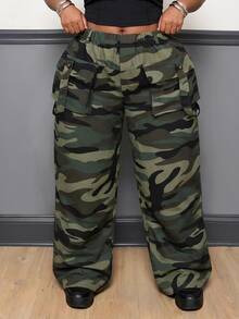 Slaydiva Plus Size Women's Camouflage Casual Versatile Everyday Travel Long Pants Fall - Green - View 4