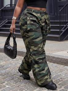 Slaydiva Plus Size Women's Camouflage Casual Versatile Everyday Travel Long Pants Fall - Green - View 2