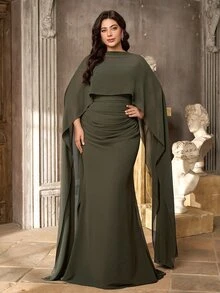 Aureia فستان سهرة رسمي أنيق وراقي باللون الأخضر الزيتوني للخريف، بياقة عالية وأكمام كاب وخصر مكشكش وذيل حورية البحر - أخضر عسكري - مشاهدة 9