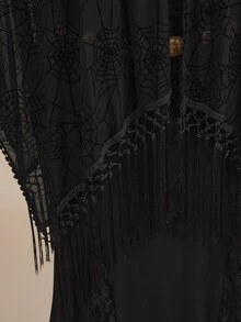 ROMWE Goth 浪漫波希米亞哥德復洛克蜘蛛網圖案植絨面料不對稱流蘇下擺大尺碼女款開襟上衣 萬聖節派對黑色 - 黑色 - 查看 9