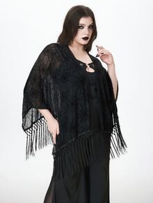 ROMWE Goth 浪漫波希米亞哥德復洛克蜘蛛網圖案植絨面料不對稱流蘇下擺大尺碼女款開襟上衣 萬聖節派對黑色 - 黑色 - 查看 2