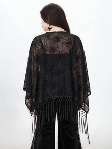 ROMWE Goth 浪漫波希米亞哥德復洛克蜘蛛網圖案植絨面料不對稱流蘇下擺大尺碼女款開襟上衣 萬聖節派對黑色 - 黑色 - 查看 6