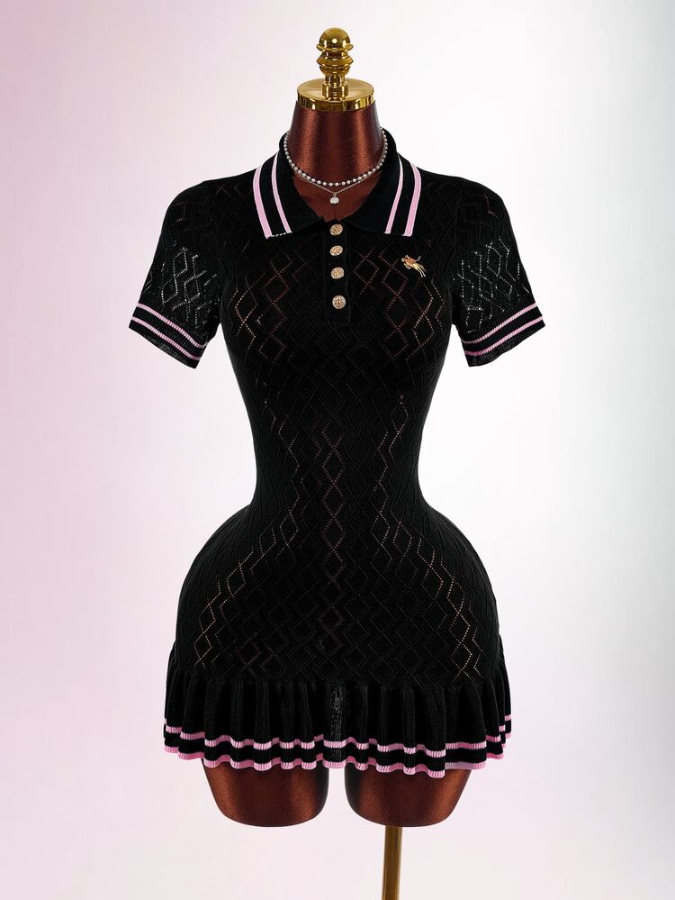 SHEIN ICON Women's Knit Sexy Avant-Garde Back To School Style Collared Lace Hem Short Sleeve Dress - Black - View 10