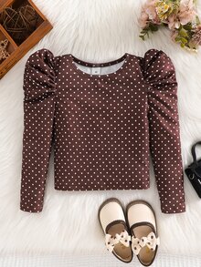 Emery Rose Kids Emery Rose Kids 女童女孩針織波點圓領羊腿袖休閒T恤 - 咖啡棕 - 查看 4