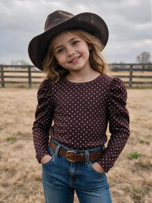 Emery Rose Kids Emery Rose Kids 女童女孩針織波點圓領羊腿袖休閒T恤 - 咖啡棕 - 查看 3