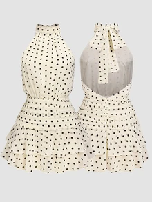 SHEIN Unity 女士粉色缎面雪纺露背吊带迷你连衣裙，性感露腰双层荷叶边A字短裙，优雅夏季装扮，适合音乐会、派对、浪漫约会、毕业典礼等场合。 - 杏色 - 查看 6