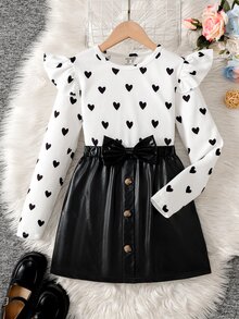 SHEIN Tween女孩童裝秋冬高領愛心人造PU簡約時尚休閒日常長袖裙套裝 - 黑色 - 查看 5