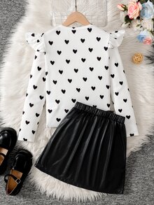 SHEIN Tween女孩童裝秋冬高領愛心人造PU簡約時尚休閒日常長袖裙套裝 - 黑色 - 查看 4