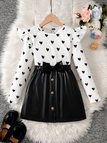 SHEIN Tween女孩童裝秋冬高領愛心人造PU簡約時尚休閒日常長袖裙套裝 - 黑色 - 查看 3