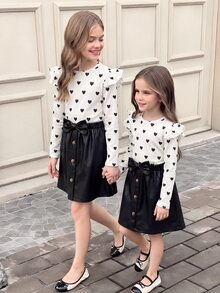 SHEIN Tween女孩童裝秋冬高領愛心人造PU簡約時尚休閒日常長袖裙套裝 - 黑色 - 查看 7
