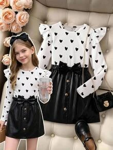 SHEIN Tween女孩童裝秋冬高領愛心人造PU簡約時尚休閒日常長袖裙套裝 - 黑色 - 查看 2