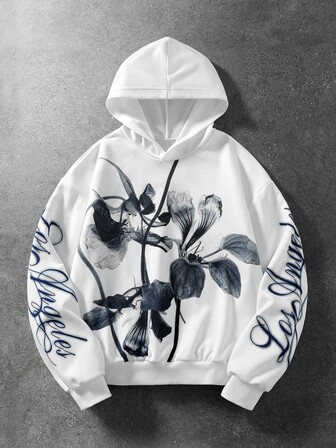 Men's Fashion Street Floral & Script Print Pullover Sweatshirt