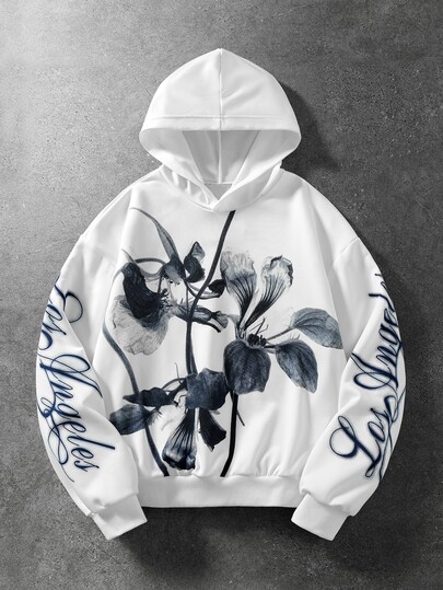 Men's Fashion Street Floral & Script Print Pullover Sweatshirt