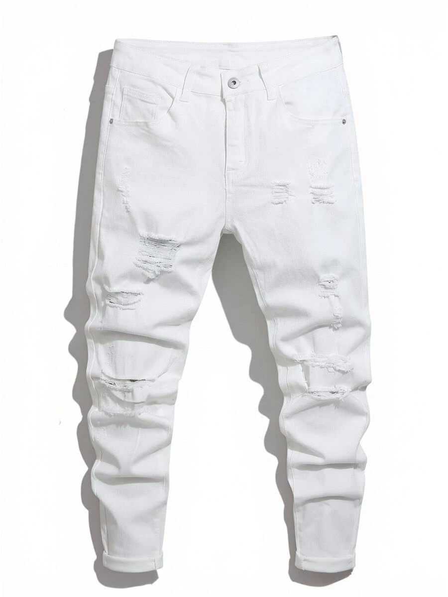 Manfinity Roghcode Men's Pocket Distressed Slim Fit Casual Denim Jeans - White - View 1