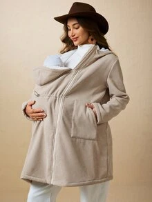 Boho Mama 孕婦純色拉鍊連帽三合一休閒外套，附口袋 - 卡其色 - 查看 2