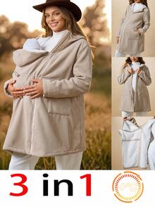 Boho Mama 孕婦純色拉鍊連帽三合一休閒外套，附口袋 - 卡其色 - 查看 1