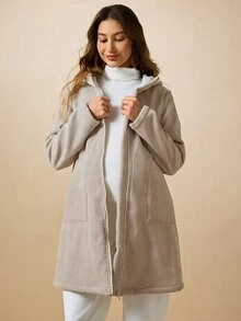 Boho Mama 孕婦純色拉鍊連帽三合一休閒外套，附口袋 - 卡其色 - 查看 3