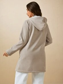 Boho Mama 孕婦純色拉鍊連帽三合一休閒外套，附口袋 - 卡其色 - 查看 4