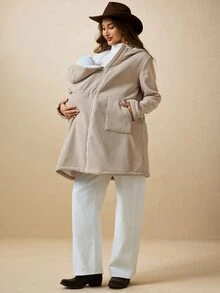 Boho Mama 孕婦純色拉鍊連帽三合一休閒外套，附口袋 - 卡其色 - 查看 7