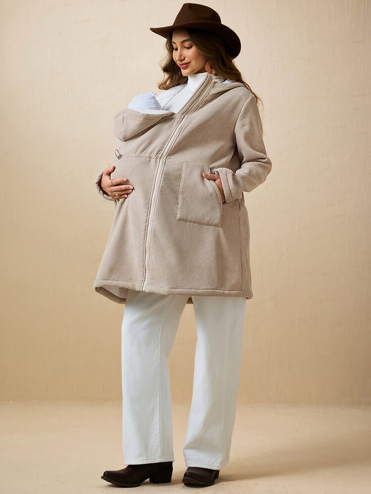Boho Mama 孕婦純色拉鍊連帽三合一休閒外套，附口袋 - 卡其色 - 查看 7