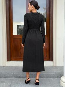 MaterniWear Maternity Solid Color Long Sleeve Minimalist Nursing Dress, Autumn Fall - Black - View 8