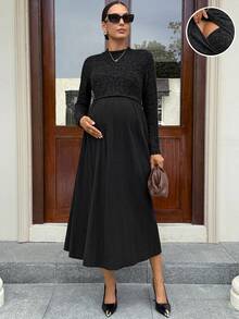 MaterniWear Maternity Solid Color Long Sleeve Minimalist Nursing Dress, Autumn Fall - Black - View 9