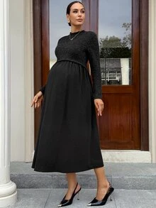 MaterniWear Maternity Solid Color Long Sleeve Minimalist Nursing Dress, Autumn Fall - Black - View 3