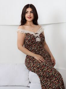 Nour Diyab Robe vintage femme à fleurs Ditsy avec dentelle contrastée, sans manches, taille cintrée. Convient pour les vacances d'été - Multicolore - Voir 4